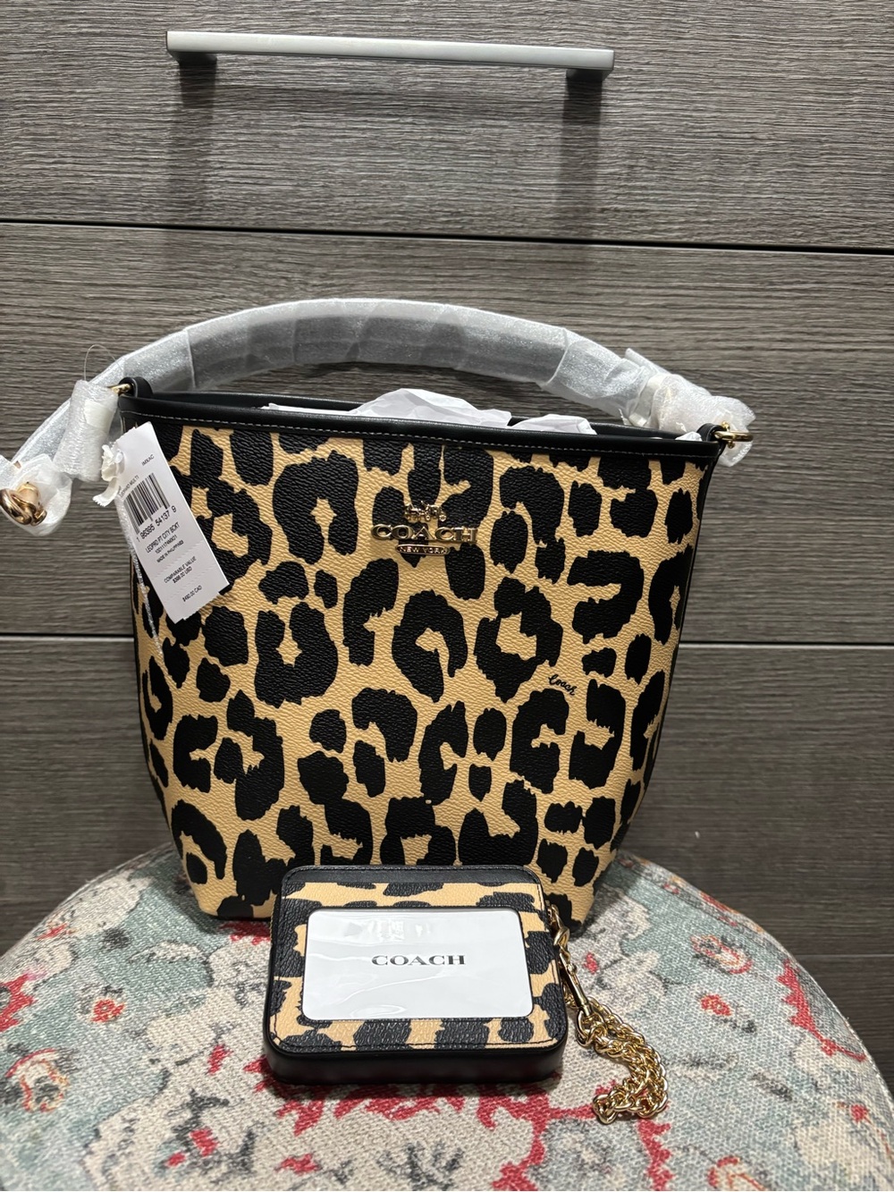 NWT Coach City Bucket Bag & Zip Card Case Wallet Bundle - Leopard Print